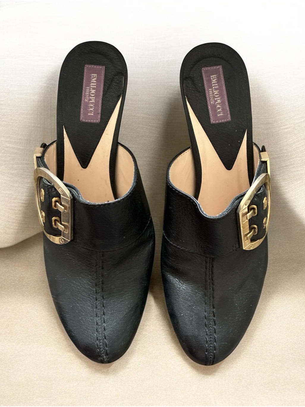 Emilio Pucci Black Leather Mule Slides With Gold Buckle Accent